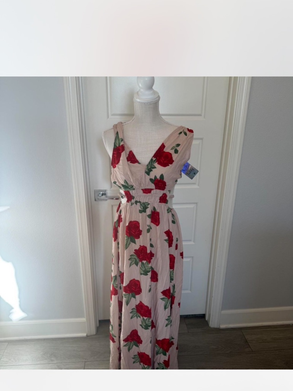 Floral V-Neck Maxi Dress with Red Rose Print